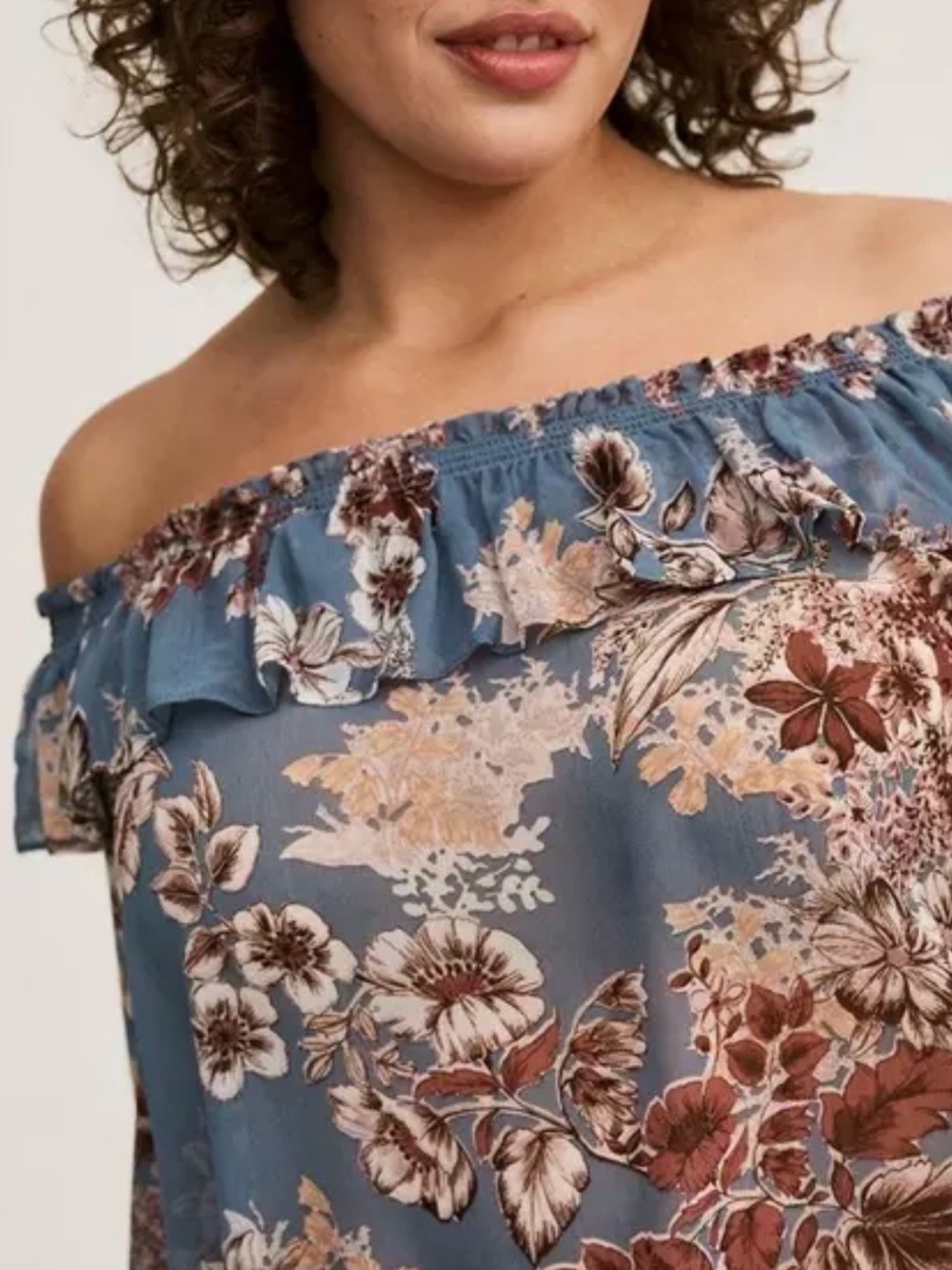 Torrid Bohemian Blue Floral Off-Shoulder Blouse with Ruffle Neckline NWT size 3X